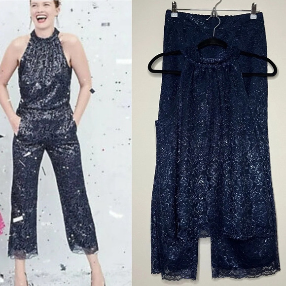NWT J. CREW Navy Blue Metallic Floral Party Holiday Lace Overlay 2 Piece Set - Picture 1 of 16